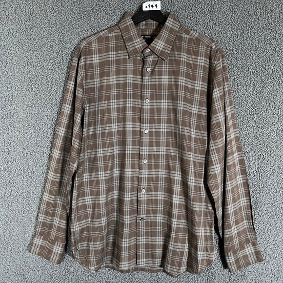 John Varvatos Plaid Button Up Long Sleeve Shirt - Men's Size M - Brown - Picture 1 of 9